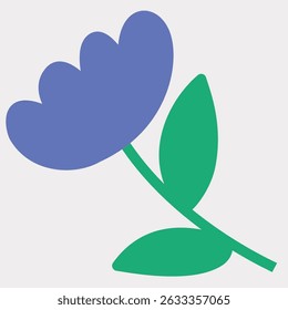 Flat vector illustration of a large blue flower with green stem. Stylized floral element in modern minimal design. Ideal for botanical decor, wall art, or spring-themed graphics.