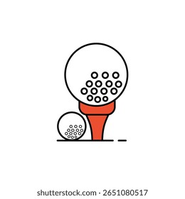 Flat vector illustration of a large golf ball on an orange tee and a small golf ball beside it. Ideal for golf sports icons or related designs.