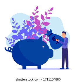 Ilustración vectorial plana, gran banco de cerdo en forma de lechón con fondo blanco, servicios financieros, banquero masculino involucrado en el trabajo, ahorrar o recaudar dinero, una caja de monedas con la caída.