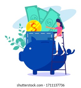 Flat vector illustration, large piggy bank in the form of a pig on a white background, open wallet, financial services, female banker in her work, saving or collecting money.