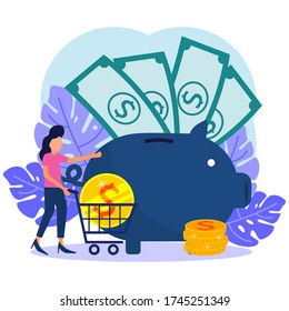 Flat vector illustration, large piggy bank in the form of a piglet with a white background, financial services, young woman engaged in work, saving or collecting money, a coin box with the fall.