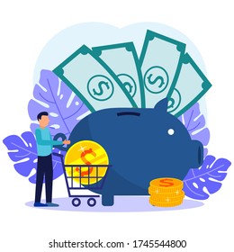 Flat vector illustration, large piggy bank in the form of a piglet with a white background, financial services, young man involved in work, saving or collecting money, a coin box with the fall.