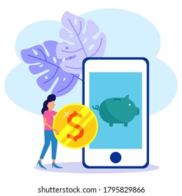 Flat vector illustration, large piggy bank in the form of a piglet with a white background, financial services, young man involved in work, saving or collecting money, a coin box with the fall.