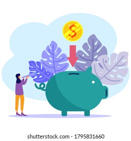Flache Vektorgrafik, großes Sparschwein in Form eines Ferkels mit weißem Hintergrund, Finanzdienstleistungen, junger Mann, der an der Arbeit beteiligt ist, Geld spart oder sammelt, eine Münzbox mit dem Herbst.