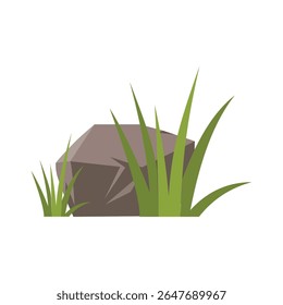 A flat vector illustration of a large rock surrounded by green grass, isolated on a white background. Perfect for nature-themed designs, educational materials, games, animations, or landscape decorati