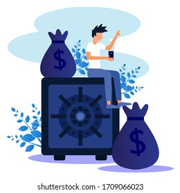 Flat vector illustration, large safe with a white background, financial services, small bankers involved in work, saving or collecting money, money bags with the fall.