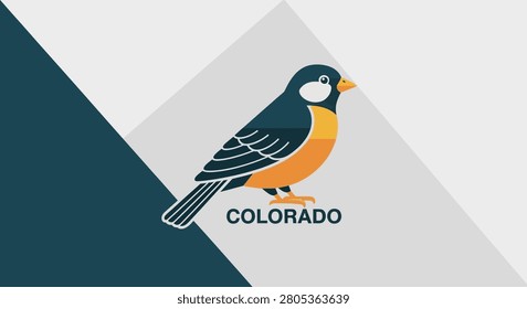 A flat vector illustration of a Lark Bunting bird with orange breast and dark wings representing the Colorado state bird on a geometric background