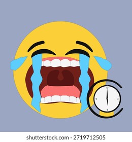 Flat vector illustration of a laughing emoji with a stopwatch, symbolizing stress, deadlines, and humor related to time pressure.