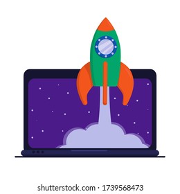 Flat vector illustration: launch of a space rocket. Startup concept.