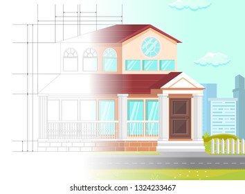 Flat Vector Illustration Law Office Planning. In Foreground is Two Story Building and Road. Unfinished Building Lawyers Office on Background Linear Drawing and High Rise Buildings with Blue Sky.