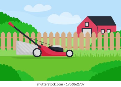 Flat vector illustration of lawn mower on farm landsacpe. Modern lawnmower cutting green grass. Banner for landing page, web, app. Concept of gardening service