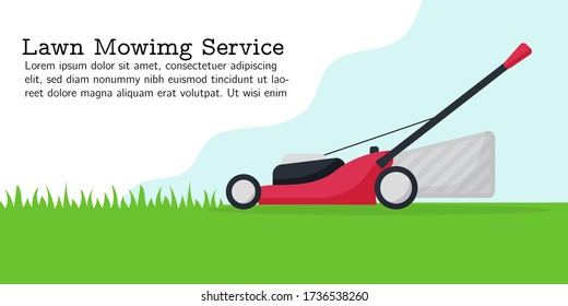 Flat Vector Illustration Of Lawn Mowing Service. Modern Lawnmower Cutting Green Grass. Banner For Landing Page, Web, App. Concept Of Gardening Service