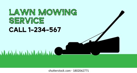 Flat vector illustration of lawn mowing service flyer. Modern lawnmower cutting green grass. Banner for landing page, web, app. Concept of gardening service