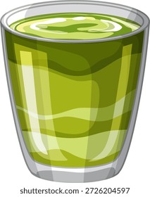 Eine flache Vektorgrafik eines geschichteten grünen Matcha Latte Drinks in einem klaren Glas