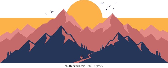 Flat vector illustration of a layered mountain landscape at sunrise, featuring a lone hiker with backpack and trekking pole walking a winding trail toward the peaks. A large sun rises behind the summits with birds flying across the sky. Minimalist design in navy blue, coral pink, and warm orange color palette, isolated on white background — ideal for travel, adventure, hiking, and outdoor recreation themes.