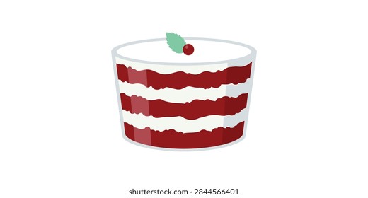 A flat vector illustration of a layered red velvet dessert in a glass cup, topped with a mint leaf and a small red berry.
