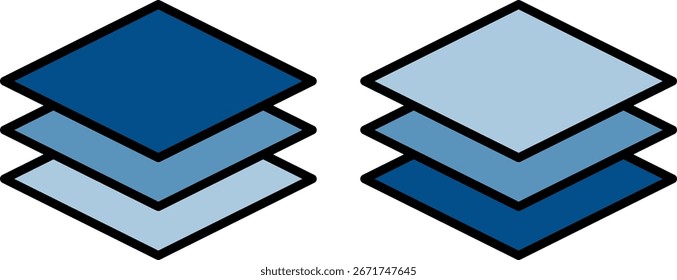 Flat vector illustration of layered squares in gradient blue tones. Abstract stacked shapes symbolizing structure, levels, layers, or data organization. 