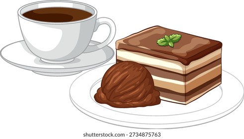 Ilustración vectorial plana de pastel de tiramisú en capas, cucharada de helado de chocolate y taza de café negro