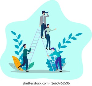  Ilustración vectorial plana. El líder está en la cima con el apoyo del equipo. El concepto de trabajo en equipo, trabajar con un equipo, el factor guía.