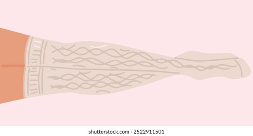 Flat vector illustration of legs lying on the floor. They are intertwined. The grey warm high knitted golfs with rhombus pattern are on the feets. Vector icon isolated on pink background. Up view.