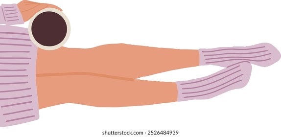 Ilustração vetor plana de pernas deitadas no chão e mão mantendo o copo. As meias lilás com banda elástica estão nos pés e o suéter está no corpo. Bebida quente na caneca. Vista superior. Ícone de vetor