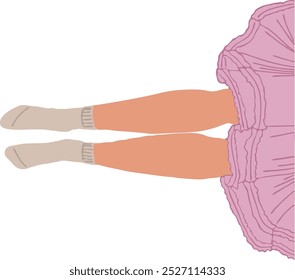 Flat vector illustration of legs lying on the floor. The grey socks are on the feets. Tutu pink dress is wearing on lady body. Vector icon isolated on white background. Up view.