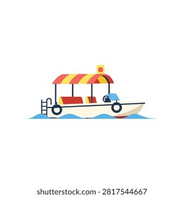 Flat vector illustration of a leisure tourist motorboat with canopy sailing on blue water waves