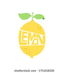 Flat vector illustration of lemon with typography inside. Graphic design logo. Concept of lemon juice, ingredient, sour, vitamin C, fresh food or beverage.
