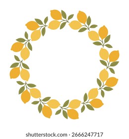 Flache Vektorgrafik eines Zitronenkranzes mit grünen Blättern auf weißem Hintergrund. Sommer Zitrusrahmen für Dekoration, Einladungen, Verpackungen oder saisonale Designs