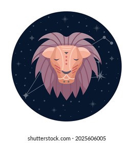 Flat vector illustration of leo zodiac sign with stars and constellation