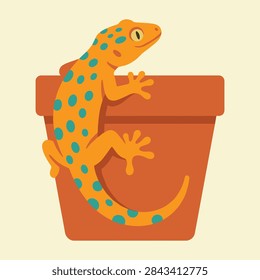 Flat vector illustration of a leopard gecko on an orange pot with a textured background. Ideal for gardening blogs or reptile care materials.