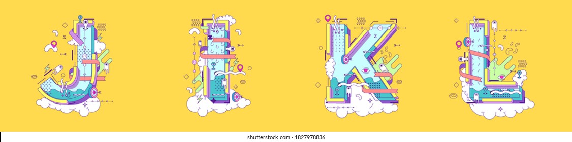 Flat vector illustration letters j,i.k,l,  in doodle style.