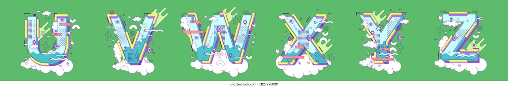 Flat vector illustration. Letters U,V,W,X,Y,Z, illustration in doodle style.