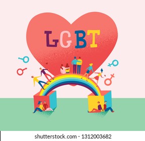 Flat vector illustration of Lgbt couple run on rainbow and big heart on background. Happy valentines day for bisexual community.  Concept of freedom in love. lesbian and gay family.