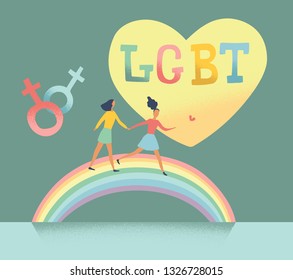 Flat vector illustration of Lgbt couple run on rainbow and big heart on background. Happy valentines day for bisexual community.  Concept of freedom in love. lesbian family.