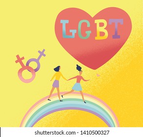 Flat vector illustration of Lgbt couple run on rainbow and big heart on background. Happy valentines day for bisexual community.  Concept of freedom in love. lesbian family.