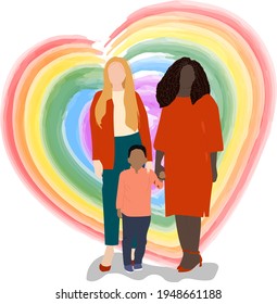 Flat vector illustration of LGBT family with son and big heart on background. Happy Valentine's Day, Mother's Day, Family Day for the bisexual community. Interracial lesbian family.