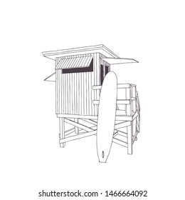 Flat vector illustration - lifeguard observation tower station on the beach, hand drawing, line graphic