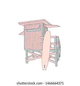 Flat vector illustration - lifeguard observation tower station on the beach, hand drawing, line graphic