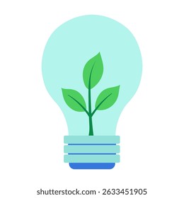 Flat vector illustration of a light blue bulb with a green sprout growing inside. Concept of eco innovation, clean energy, and sustainability. Isolated on white background.