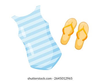 Flat vector illustration of a light blue striped one-piece swimsuit and yellow flip-flops. Ideal for summer fashion, beach holidays, or pool themes. Conveys warmth, leisure, and relaxation.
