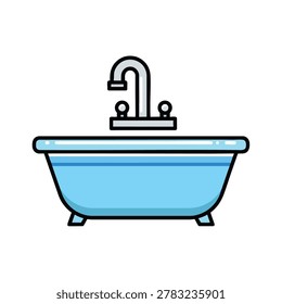 A flat vector illustration of a light blue bathtub featuring a metal faucet, depicted in a simple icon style.