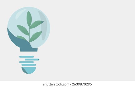 Flat vector illustration of a light bulb with a green plant inside. Symbol of sustainable energy, eco-friendly innovation, and environmental protection. Perfect for apps, websites, infographics