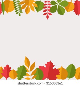 Flat vector illustration: Light gray background with silhouettes of tree leaves (elm, beech, ash, willow, maple, rowan, hawthorn, walnut, apple, oak, acacia, chestnut, conker etc) on up and down sides