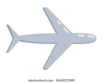 Flat vector illustration of a light grey airplane in top view with simplified wings and tail. Ideal for air travel, navigation, logistics, aerial views, educational content, or route planning.
