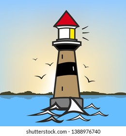 Flat vector illustration of a light house in the sea, with hills on the horizon and a beautiful morning sky. Flying birds. Vector landscape illustration.