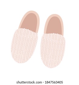 Flat vector illustration of light pink Slippers, top view. A pair of cozy home Slippers with a knitted element. Home shoes isolated on a white background.