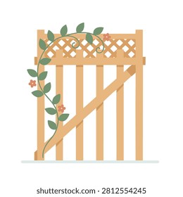 A flat vector illustration of a light wood garden gate featuring a lattice top and climbing green vines with small orange flowers.