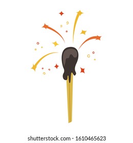 Flat vector illustration of a lighted match with sparks.