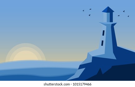 Flat vector illustration lighthouse in the light of the sunset with seagulls